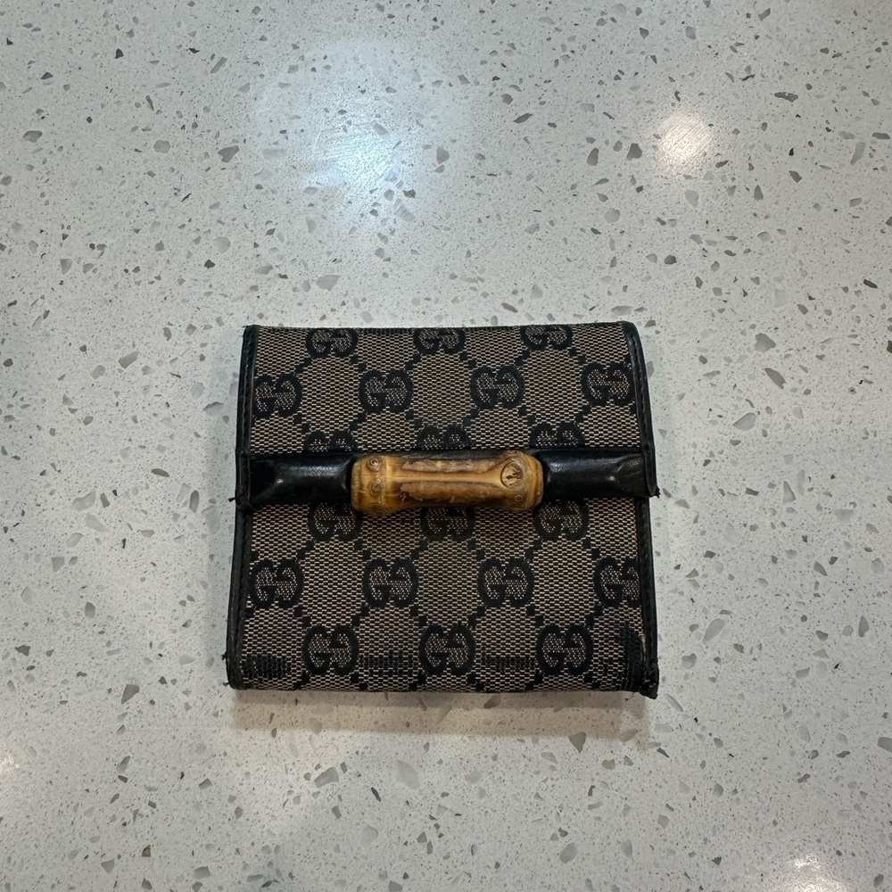 Gucci Brown Canvas Monogram Wallet with Bamboo Accent